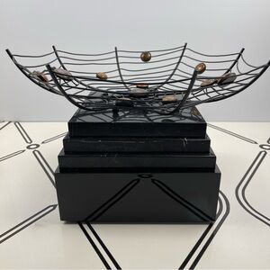 Black Metal Spider Web Bowl w/ Embedded Stone Accents Decor Halloween Fruit Bowl